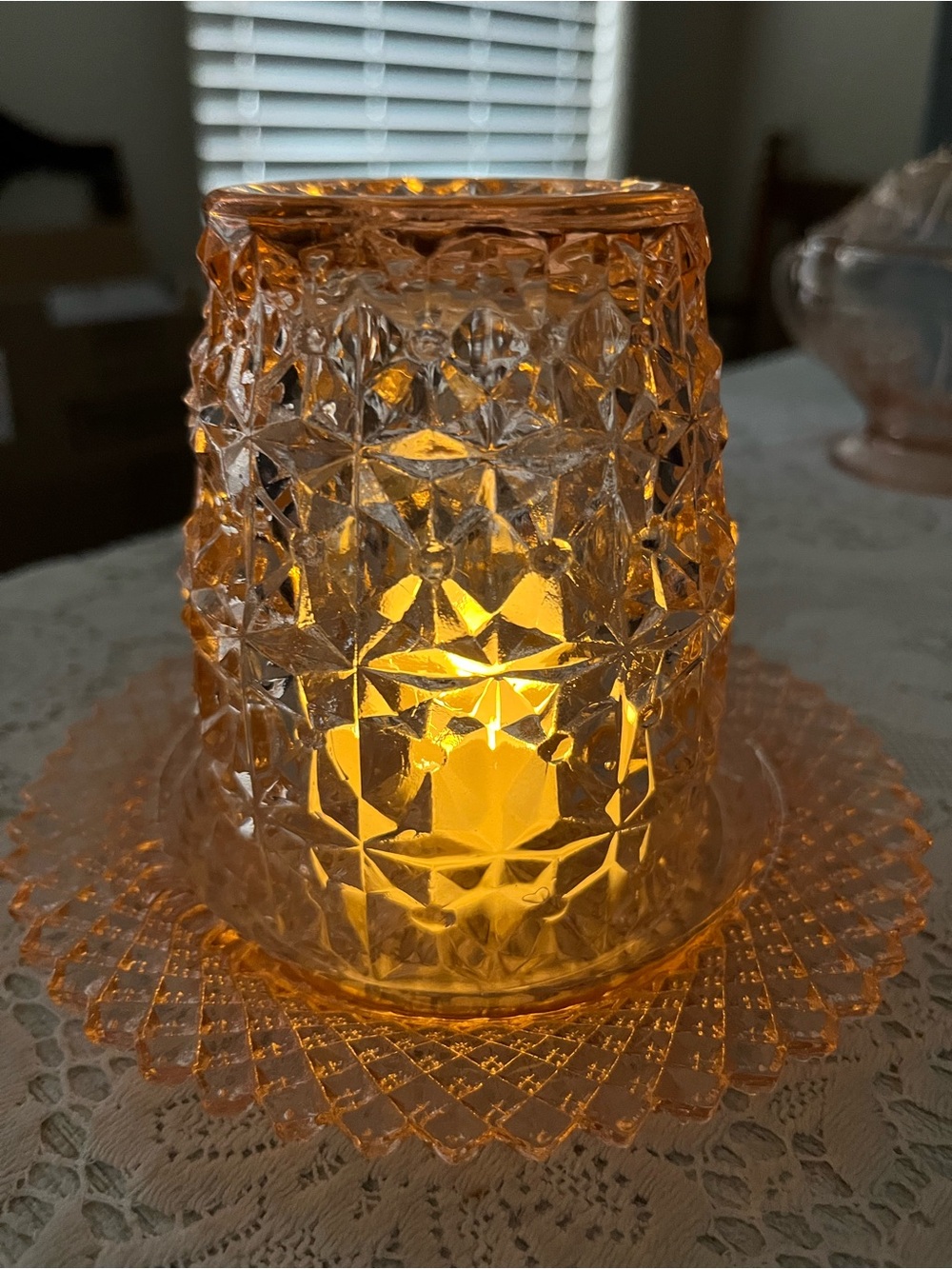 Vintage Pink Depression Glass Fairy Lamp | Geometric Glass & Plate - Picture 3 of 5